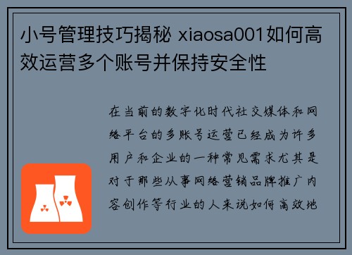 小号管理技巧揭秘 xiaosa001如何高效运营多个账号并保持安全性