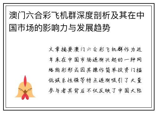 澳门六合彩飞机群深度剖析及其在中国市场的影响力与发展趋势