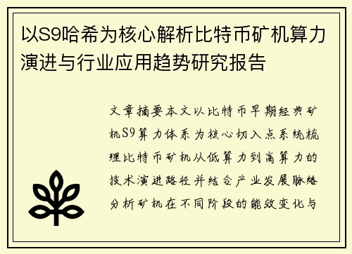 以S9哈希为核心解析比特币矿机算力演进与行业应用趋势研究报告