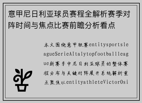意甲尼日利亚球员赛程全解析赛季对阵时间与焦点比赛前瞻分析看点